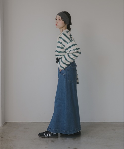 210nouve（トゥージュヌーブ）の「スキッパー ボーダー ポロ襟　Tシャツ（Tシャツ/カットソー・レディース・グリーン/サックスブルー/キャメル・FREE）」の14枚目の写真