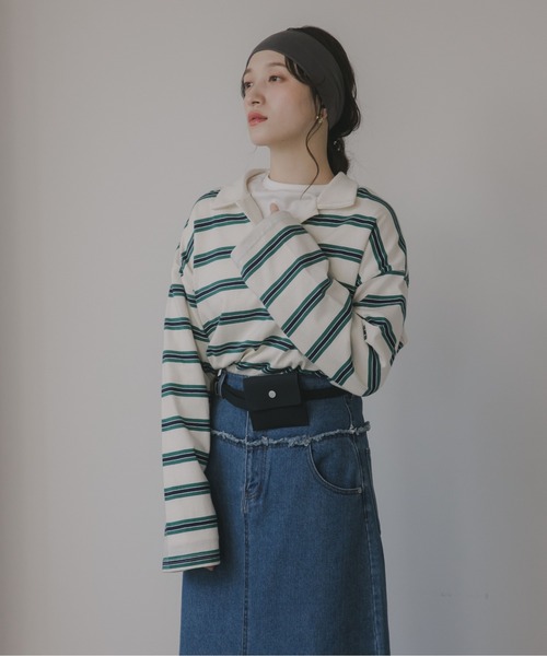 210nouve（トゥージュヌーブ）の「スキッパー ボーダー ポロ襟　Tシャツ（Tシャツ/カットソー・レディース・グリーン/サックスブルー/キャメル・FREE）」の17枚目の写真