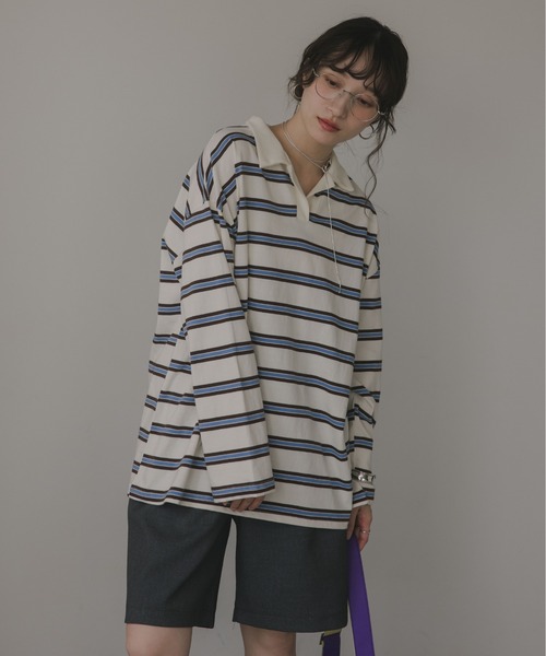 210nouve（トゥージュヌーブ）の「スキッパー ボーダー ポロ襟　Tシャツ（Tシャツ/カットソー・レディース・グリーン/サックスブルー/キャメル・FREE）」の19枚目の写真