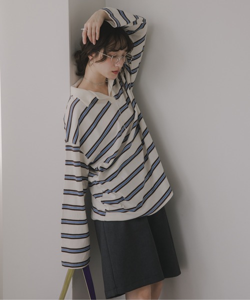 210nouve（トゥージュヌーブ）の「スキッパー ボーダー ポロ襟　Tシャツ（Tシャツ/カットソー・レディース・グリーン/サックスブルー/キャメル・FREE）」の12枚目の写真