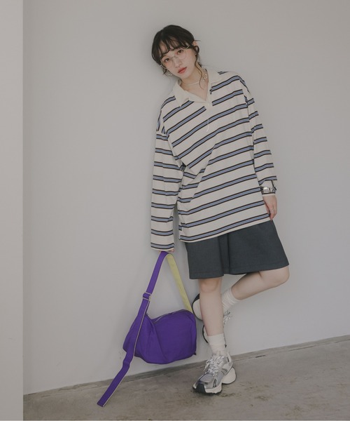 210nouve（トゥージュヌーブ）の「スキッパー ボーダー ポロ襟　Tシャツ（Tシャツ/カットソー・レディース・グリーン/サックスブルー/キャメル・FREE）」の10枚目の写真