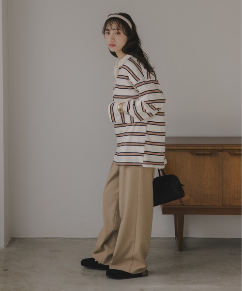 210nouve（トゥージュヌーブ）の「スキッパー ボーダー ポロ襟　Tシャツ（Tシャツ/カットソー・レディース・グリーン/サックスブルー/キャメル・FREE）」の6枚目の写真