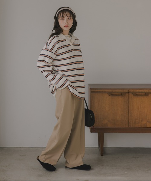 210nouve（トゥージュヌーブ）の「スキッパー ボーダー ポロ襟　Tシャツ（Tシャツ/カットソー・レディース・グリーン/サックスブルー/キャメル・FREE）」の16枚目の写真