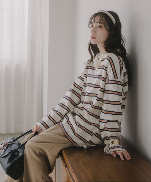 210nouve（トゥージュヌーブ）の「スキッパー ボーダー ポロ襟　Tシャツ（Tシャツ/カットソー・レディース・グリーン/サックスブルー/キャメル・FREE）」の18枚目の写真