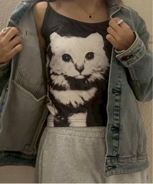 Jelly moo（ジェリームー）の「【 Jelly moo / ジェリームー 】 モノクロ キャット グラフィック キャミソール（キャミソール）」