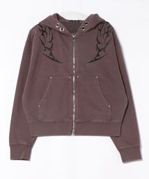 トライバル刺繍 ダブルジップ ショート丈 ケミカル加工 ジップパーカー 裏毛 スウェット フーディー スタッズ アイレット【UNISEX】