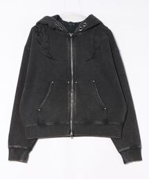 トライバル刺繍 ダブルジップ ショート丈 ケミカル加工 ジップパーカー 裏毛 スウェット フーディー スタッズ アイレット【UNISEX】