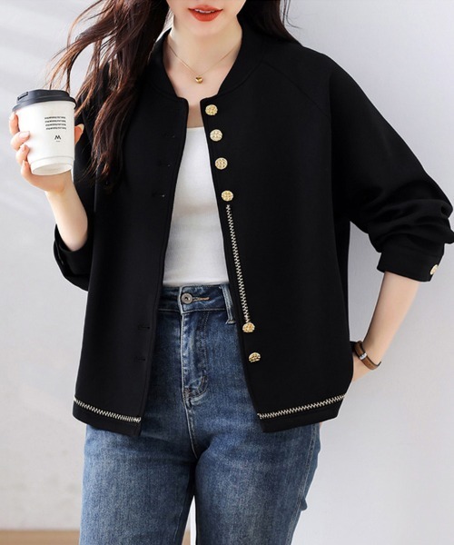 ONEP STAR(ワンピスター)の「ゴールドボタン×ステッチ入りジャケット(ノーカラージャケット・レディース・ブラック・X-LARGE/LARGE)」の2枚目の写真