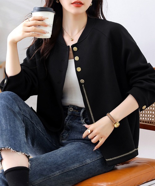 ONEP STAR(ワンピスター)の「ゴールドボタン×ステッチ入りジャケット(ノーカラージャケット・レディース・ブラック・X-LARGE/LARGE)」の5枚目の写真