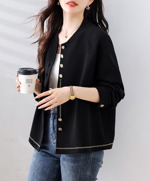 ONEP STAR(ワンピスター)の「ゴールドボタン×ステッチ入りジャケット(ノーカラージャケット・レディース・ブラック・X-LARGE/LARGE)」の7枚目の写真