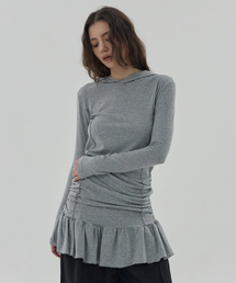 AQUA SHIRRING HOODED DRESS - GREY