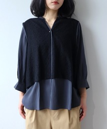 【WEB/一部店舗限定】【LL～5L 大きいサイズ】レースレイヤードバンドカラーブラウス