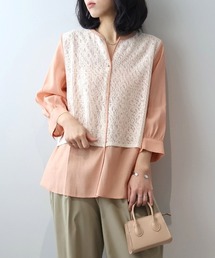 【WEB/一部店舗限定】【LL～5L 大きいサイズ】レースレイヤードバンドカラーブラウス