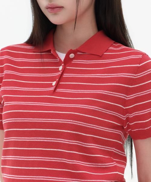 MUSINSA STANDARD WOMAN（ムシンサスタンダードウーマン）の「ウィメンズマルチストライプニットポロシャツ[レッド]（ポロシャツ・レディース・その他・X-SMALL/SMALL/MEDIUM/LARGE）」の4枚目の写真