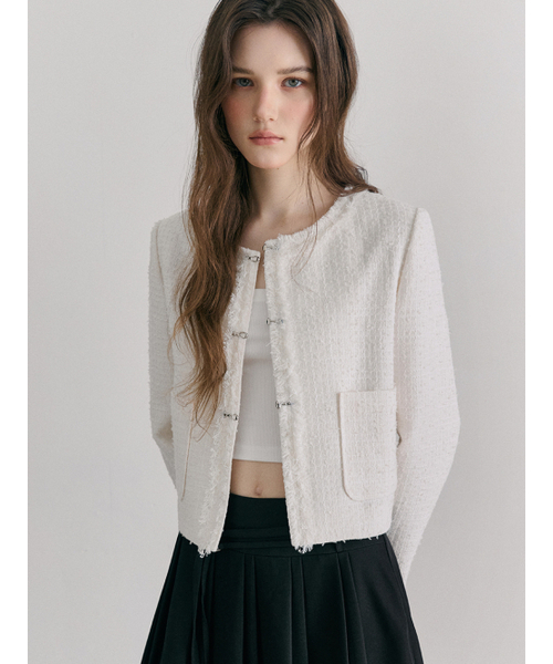 ETMON(エトモン)の「Buckle Fringe Tweed Jacket, Ivory(その他アウター・レディース・その他・SMALL/MEDIUM)」の2枚目の写真