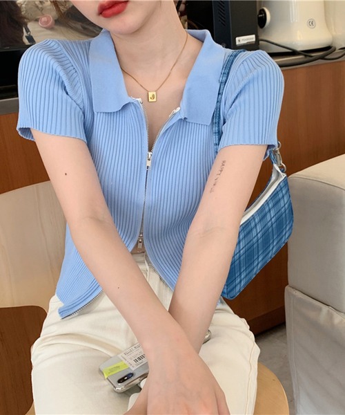 shyam inspiration(シャムインスピレーション)の「ダブルジップ襟付きリブTシャツ/半袖(Tシャツ/カットソー・レディース・ホワイト/ブルー/ブラック・F)」の10枚目の写真