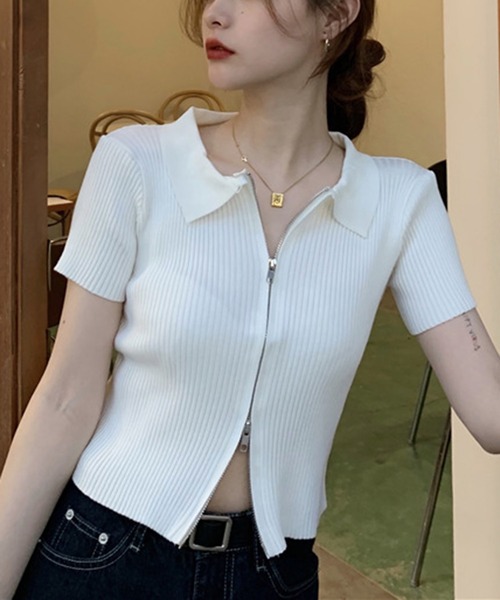 shyam inspiration(シャムインスピレーション)の「ダブルジップ襟付きリブTシャツ/半袖(Tシャツ/カットソー・レディース・ホワイト/ブルー/ブラック・F)」の4枚目の写真