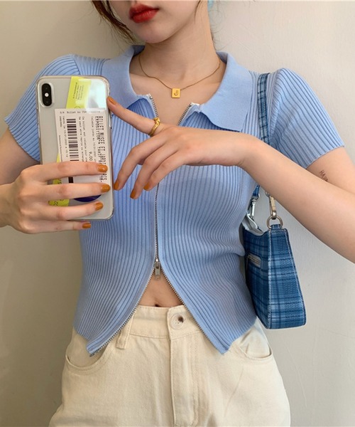 shyam inspiration(シャムインスピレーション)の「ダブルジップ襟付きリブTシャツ/半袖(Tシャツ/カットソー・レディース・ホワイト/ブルー/ブラック・F)」の14枚目の写真