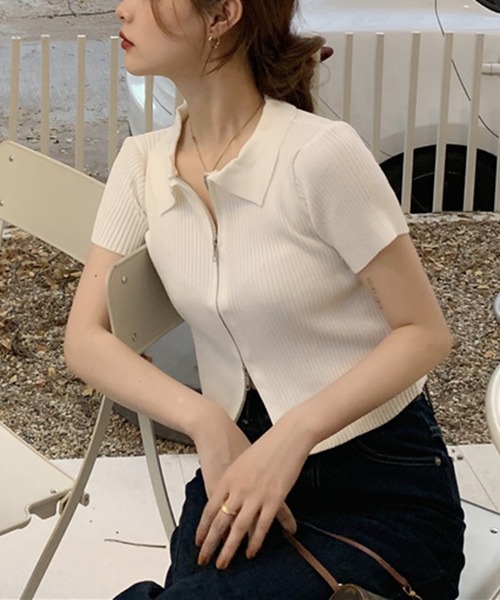 shyam inspiration(シャムインスピレーション)の「ダブルジップ襟付きリブTシャツ/半袖(Tシャツ/カットソー・レディース・ホワイト/ブルー/ブラック・F)」の8枚目の写真