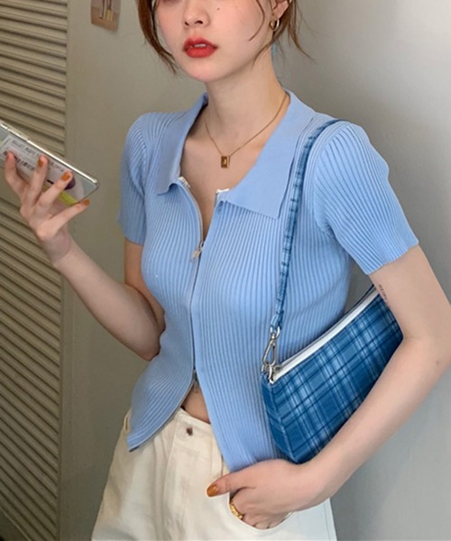 shyam inspiration(シャムインスピレーション)の「ダブルジップ襟付きリブTシャツ/半袖(Tシャツ/カットソー・レディース・ホワイト/ブルー/ブラック・F)」の15枚目の写真