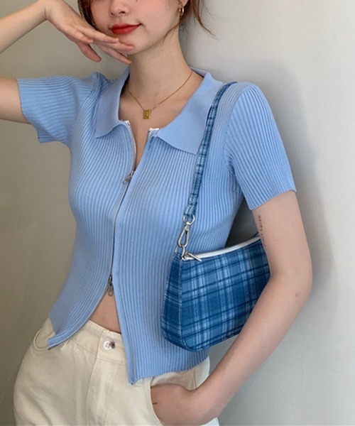 shyam inspiration(シャムインスピレーション)の「ダブルジップ襟付きリブTシャツ/半袖(Tシャツ/カットソー・レディース・ホワイト/ブルー/ブラック・F)」の17枚目の写真