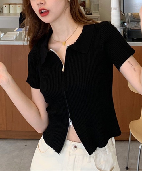 shyam inspiration(シャムインスピレーション)の「ダブルジップ襟付きリブTシャツ/半袖(Tシャツ/カットソー・レディース・ホワイト/ブルー/ブラック・F)」の21枚目の写真