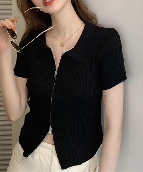shyam inspiration(シャムインスピレーション)の「ダブルジップ襟付きリブTシャツ/半袖(Tシャツ/カットソー・レディース・ホワイト/ブルー/ブラック・F)」の22枚目の写真