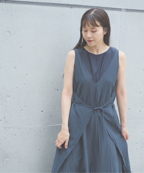 yuni ユニ　カットワーク刺繍ジャンバースカート　コットンワンピース 強撚CottonLinen 近江晒wrap one-piece（ジャンパースカート）｜yuni