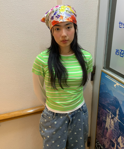 YOUHEE(ユヒ)の「CANDY STRIPE LAYERED LONG SLEEVE_GREEN(Tシャツ/カットソー・レディース・その他・FREE)」の1枚目の写真