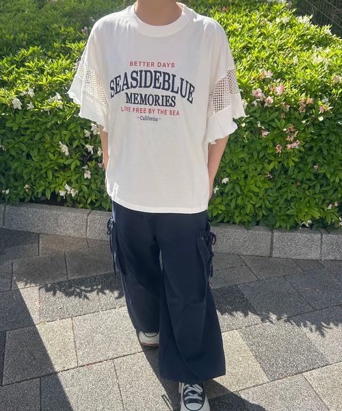 UNDERWRAPS（アンダーラップス）の「メッシュ切替 フレアスリーブ 半袖Tシャツ（Tシャツ/カットソー・レディース・ライトピンク/チャコールグレー/ホワイト・L/M）」の3枚目の写真