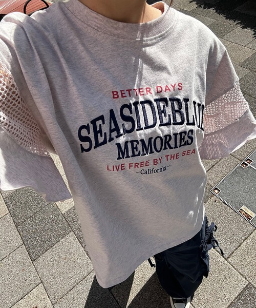 UNDERWRAPS（アンダーラップス）の「メッシュ切替 フレアスリーブ 半袖Tシャツ（Tシャツ/カットソー・レディース・ライトピンク/チャコールグレー/ホワイト・L/M）」の7枚目の写真