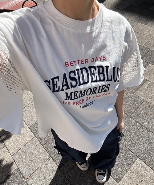 UNDERWRAPS（アンダーラップス）の「メッシュ切替 フレアスリーブ 半袖Tシャツ（Tシャツ/カットソー・レディース・ライトピンク/チャコールグレー/ホワイト・L/M）」の5枚目の写真