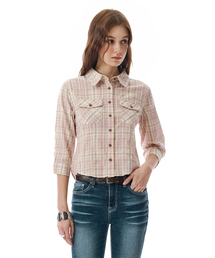 Three-quarter Sleeve check Shirt [PINKBEIGE]_SEWSH003PINKBEIGE