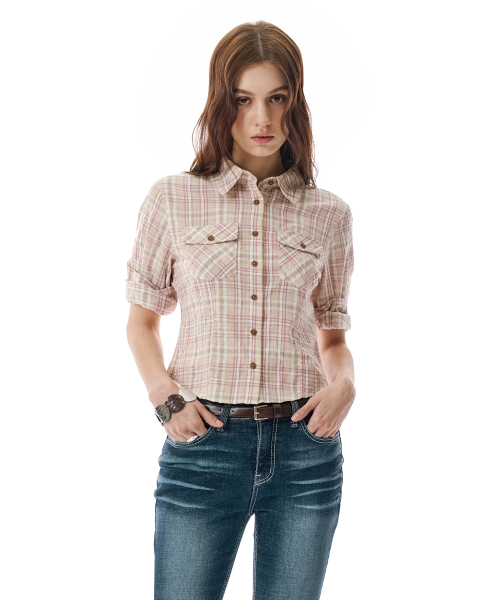 SECONDMONO（セカンドモノローグ）の「Three-quarter Sleeve check Shirt [PINKBEIGE]_SEWSH003PINKBEIGE（シャツ/ブラウス・レディース・その他・F）」の4枚目の写真