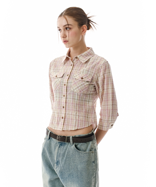 SECONDMONO（セカンドモノローグ）の「Three-quarter Sleeve check Shirt [PINKBEIGE]_SEWSH003PINKBEIGE（シャツ/ブラウス・レディース・その他・F）」の6枚目の写真