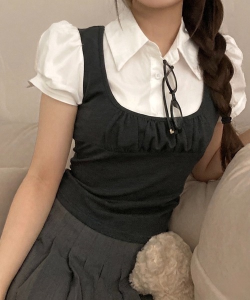 LADY LIKE(レディライク)の「【春夏新作】レイヤード風パフスリーブ半袖トップス(Tシャツ/カットソー・レディース・グレー/ブラック・M)」の8枚目の写真