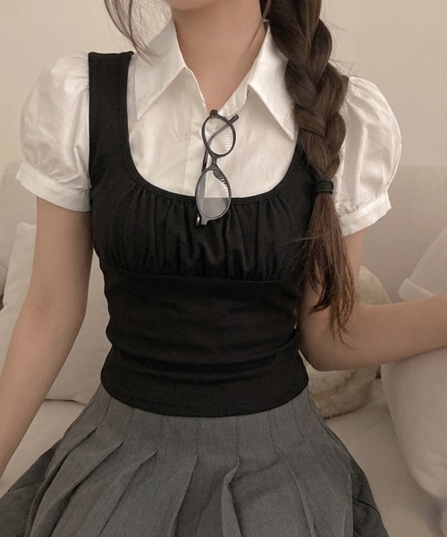 LADY LIKE(レディライク)の「【春夏新作】レイヤード風パフスリーブ半袖トップス(Tシャツ/カットソー・レディース・グレー/ブラック・M)」の9枚目の写真