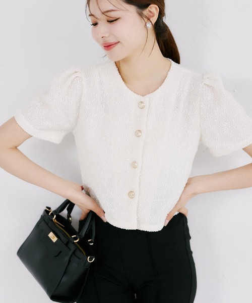 tocco closet(トッコ クローゼット)の「【ZOZO限定】スパンコール装飾サマーツイード半袖ジャケット(ノーカラージャケット・レディース・ホワイト/ブラック・M)」の1枚目の写真