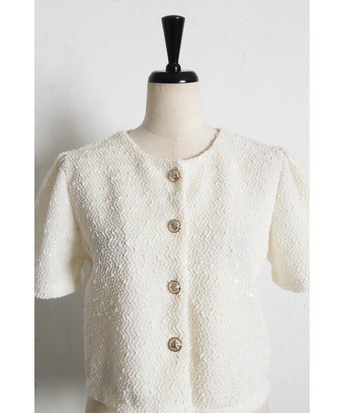 tocco closet(トッコ クローゼット)の「【ZOZO限定】スパンコール装飾サマーツイード半袖ジャケット(ノーカラージャケット・レディース・ホワイト/ブラック・M)」の17枚目の写真