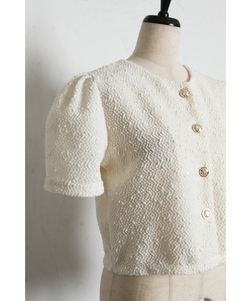 tocco closet(トッコ クローゼット)の「【ZOZO限定】スパンコール装飾サマーツイード半袖ジャケット(ノーカラージャケット・レディース・ホワイト/ブラック・M)」の18枚目の写真