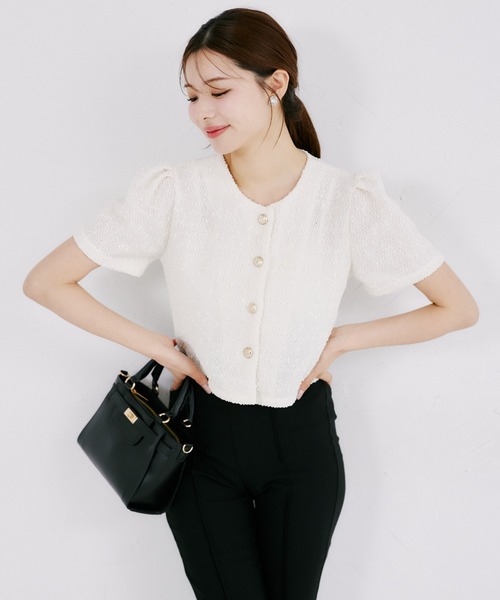 tocco closet(トッコ クローゼット)の「【ZOZO限定】スパンコール装飾サマーツイード半袖ジャケット(ノーカラージャケット・レディース・ホワイト/ブラック・M)」の4枚目の写真
