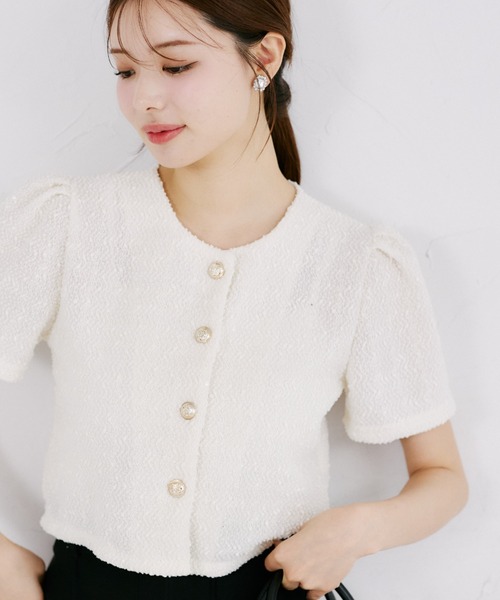 tocco closet(トッコ クローゼット)の「【ZOZO限定】スパンコール装飾サマーツイード半袖ジャケット(ノーカラージャケット・レディース・ホワイト/ブラック・M)」の6枚目の写真