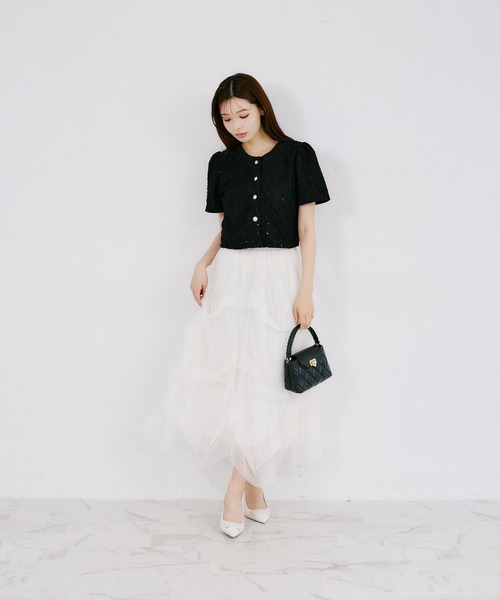 tocco closet(トッコ クローゼット)の「【ZOZO限定】スパンコール装飾サマーツイード半袖ジャケット(ノーカラージャケット・レディース・ホワイト/ブラック・M)」の8枚目の写真