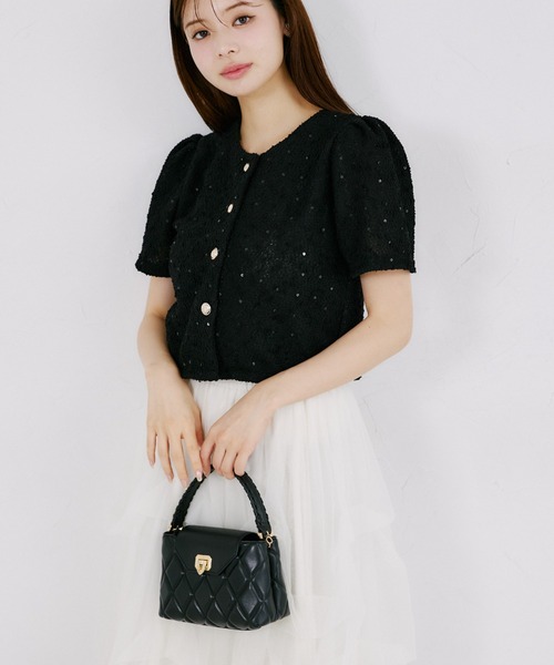 tocco closet(トッコ クローゼット)の「【ZOZO限定】スパンコール装飾サマーツイード半袖ジャケット(ノーカラージャケット・レディース・ホワイト/ブラック・M)」の9枚目の写真