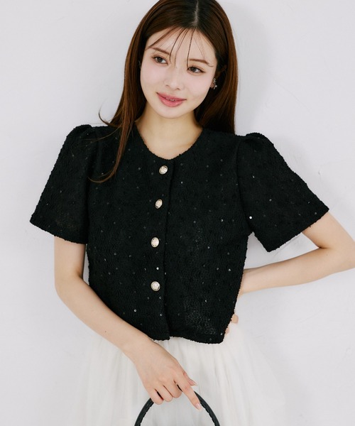 tocco closet(トッコ クローゼット)の「【ZOZO限定】スパンコール装飾サマーツイード半袖ジャケット(ノーカラージャケット・レディース・ホワイト/ブラック・M)」の10枚目の写真
