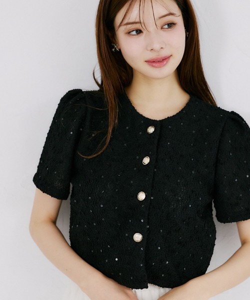 tocco closet(トッコ クローゼット)の「【ZOZO限定】スパンコール装飾サマーツイード半袖ジャケット(ノーカラージャケット・レディース・ホワイト/ブラック・M)」の11枚目の写真