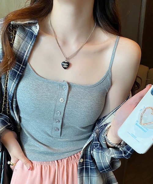 Lace Ladies(レースレディース)の「リブ ボタン 細ストラップ カップ付き キャミソール(キャミソール・レディース・グレー/ベージュ/ブラック/ホワイト/ブラウン・FREE)」の3枚目の写真