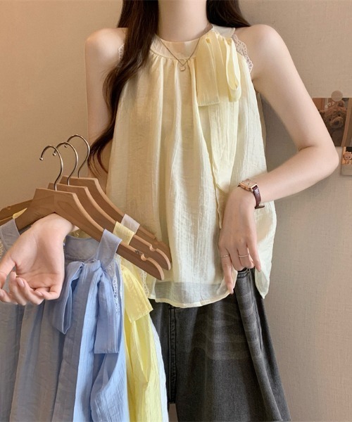 AMAJI(アマジ)の「フロントリボン レース切替 シフォン ノースリーブトップス(タンクトップ・レディース・イエロー/ホワイト/ベージュ/ライトブルー・FREE)」の5枚目の写真