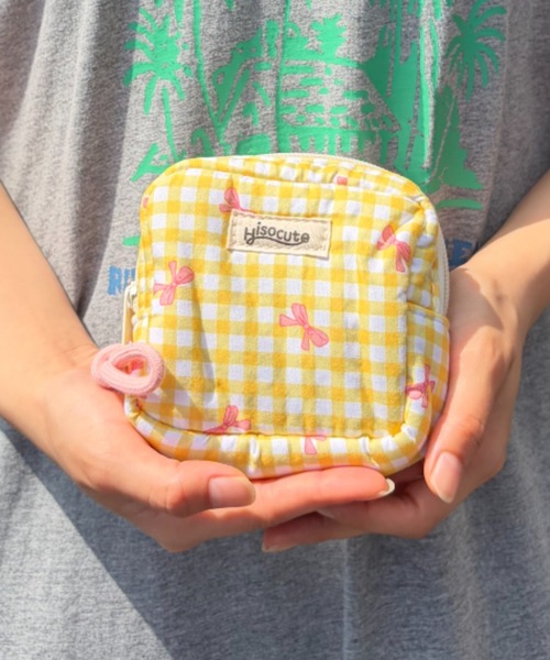 全3色】リボン刺繍 ギンガムチェック ミニスクエアポーチ / リボン