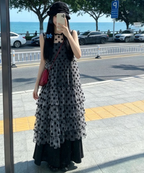 gossip!ロサンゼルス(ゴシップロサンゼルス)の「ドットシースルーチュールノースリーブティアードロングレイヤードチュニック レディース(ワンピース・レディース・ドット・M)」の2枚目の写真